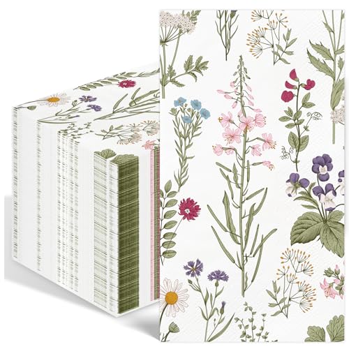 100PCS Floral Paper Napkins 3 Ply Disposable Hand Towels for Bathroom Vintage Wildflower Guest Napkins Green Wild Flower Dinner Napkins for Wedding Bridal Baby Shower Birthday Spring Summer Party